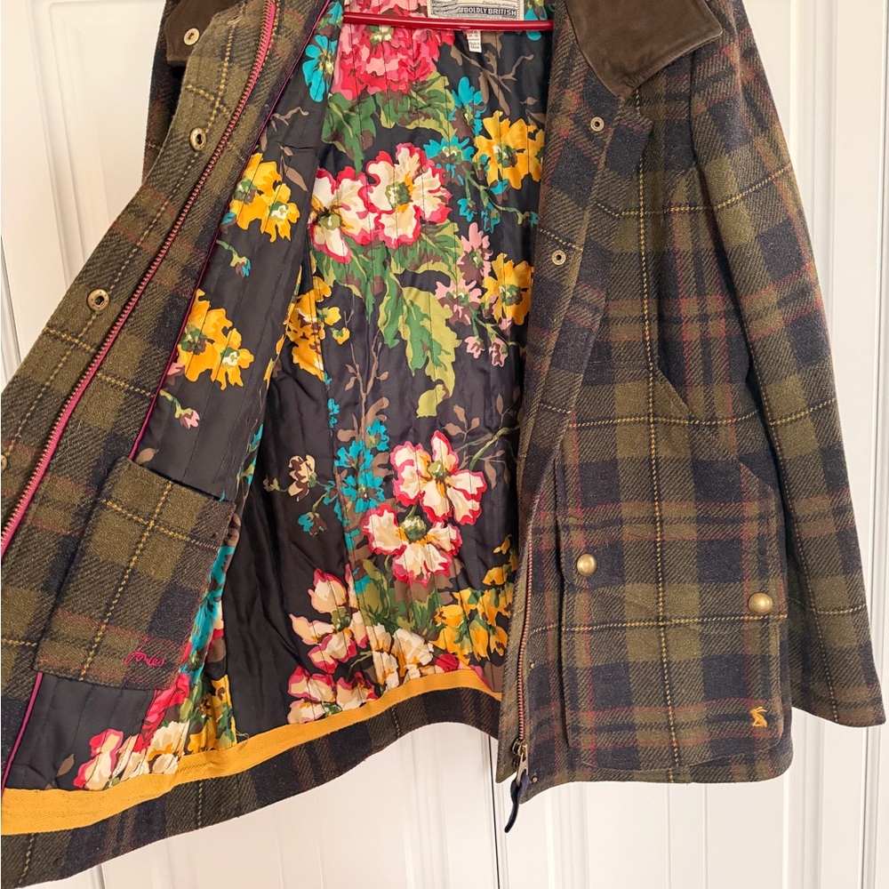 Joules Olive Green Plaid Coat with Floral Lining